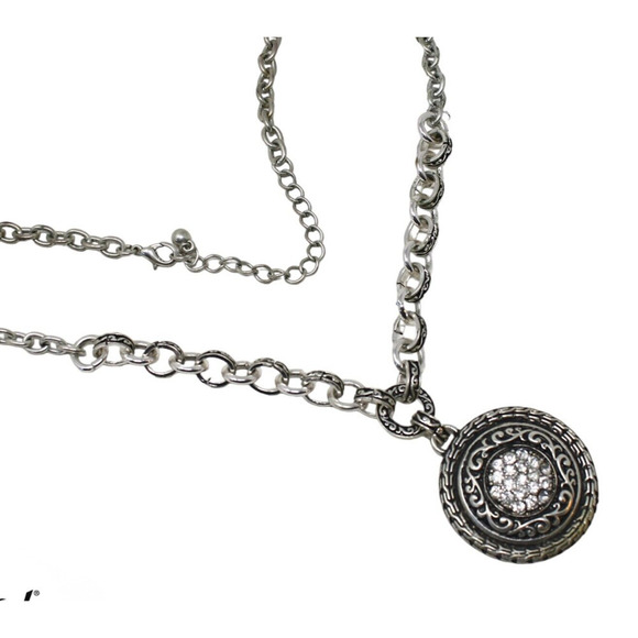 Vintage Decorated Chain Ornate Engraved Pendant w Rhinestones 21" Chain -Hey Viv - Picture 5 of 6